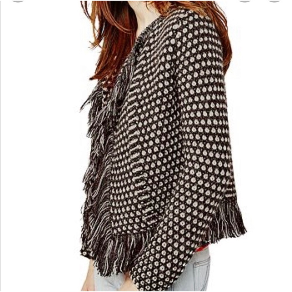 Maje Cardigan Women 2 Black White Gold Metallic Fringe Trim Knit Parisian Boho